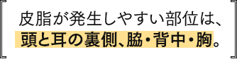 皮脂が発生しやすい部位は、頭と耳の裏側、脇・背中・胸。